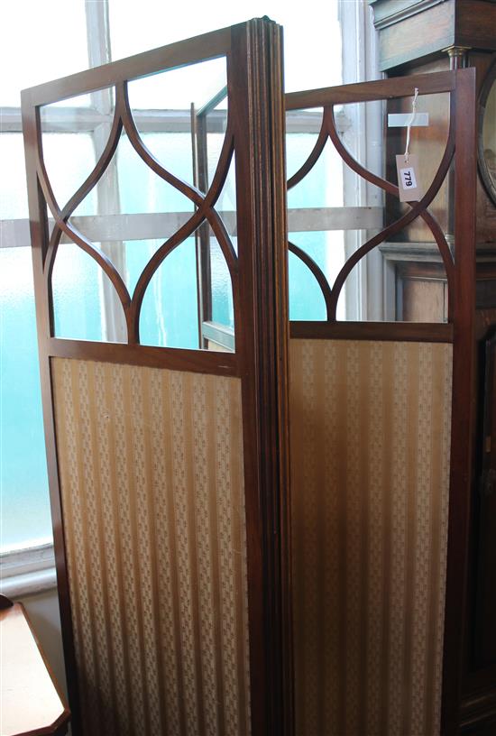 Mahogany three-fold draught screen and a Victorian three-tier whatnot